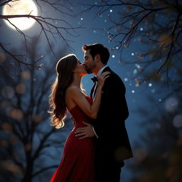 A romantic scene depicting a couple kissing passionately under a starry night sky