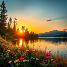 A stunning, high-definition landscape featuring a vibrant sunset over a serene lake
