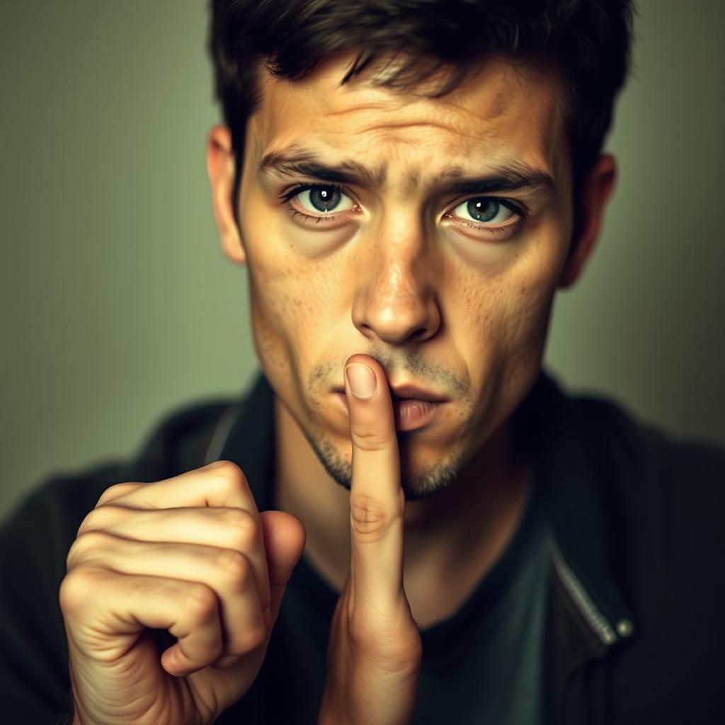 A person with a serious expression, finger held up to their lips as if saying 'shh' or 'be quiet'