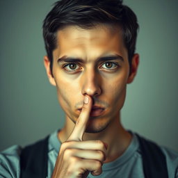 A person with a serious expression, finger held up to their lips as if saying 'shh' or 'be quiet'