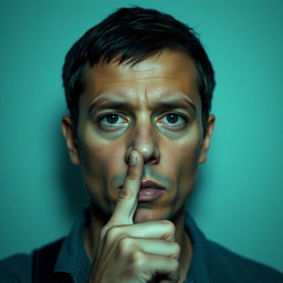 A person with a serious expression, finger held up to their lips as if saying 'shh' or 'be quiet'