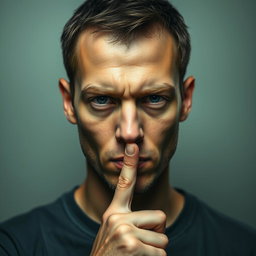 A person with a serious expression, finger held up to their lips as if saying 'shh' or 'be quiet'