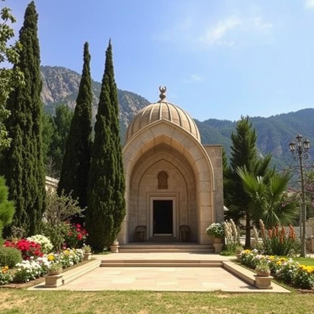 A beautifully designed arched tomb made of stone, featuring Islamic Shia architectural elements, located at the foothills of a mountainous area