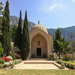 A beautifully designed arched tomb made of stone, featuring Islamic Shia architectural elements, located at the foothills of a mountainous area