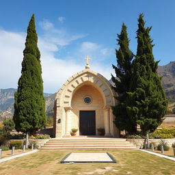 A beautifully designed arched tomb made of stone, featuring Islamic Shia architectural elements, located at the foothills of a mountainous area