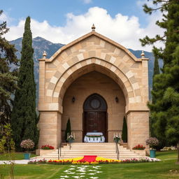 A beautifully designed arched tomb made of stone, featuring Islamic Shia architectural elements, located at the foothills of a mountainous area