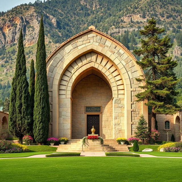 A beautifully designed arched tomb made of stone, featuring Islamic Shia architectural elements, located at the foothills of a mountainous area