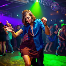 A vibrant night club scene where a young man is energetically dancing with a 33-year-old woman