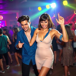 A vibrant night club scene where a young man is energetically dancing with a 33-year-old woman
