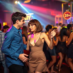 A vibrant nightclub scene showcasing a young man dancing with a 33-year-old woman