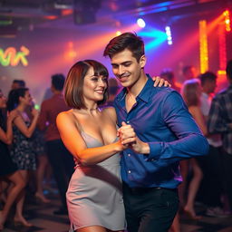A vibrant nightclub scene showcasing a young man dancing with a 33-year-old woman