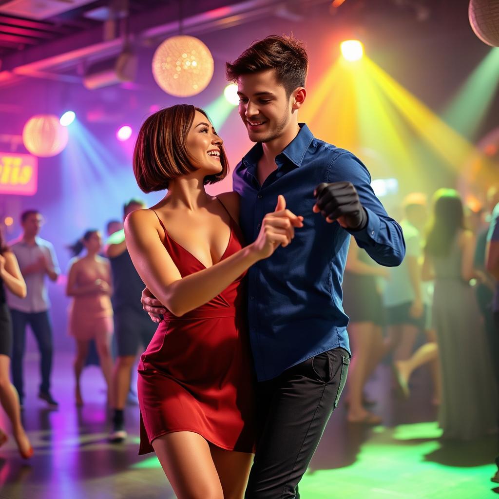 A vibrant nightclub scene showcasing a young man dancing with a 33-year-old woman
