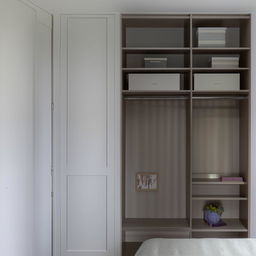 A neatly arranged full bedroom view with a closed walk-in closet and a functional study table, a  petite book rack, with visible separation between the closet and study area for a clear distinction.