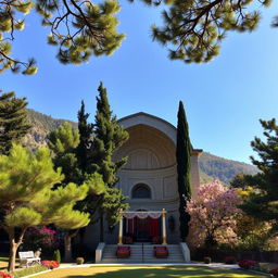 An arched mausoleum with elements of Shia Islam, nestled at the foothills of a mountain