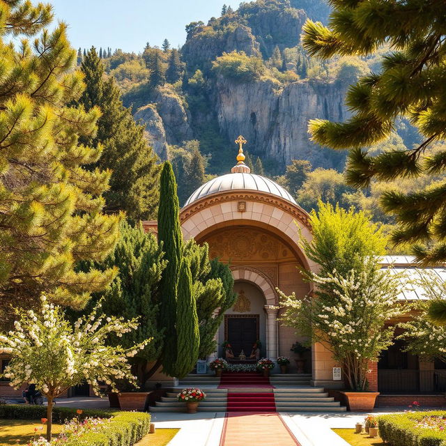 An arched mausoleum with elements of Shia Islam, nestled at the foothills of a mountain