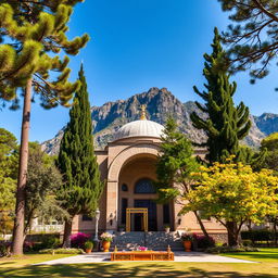 An arched mausoleum with elements of Shia Islam, nestled at the foothills of a mountain