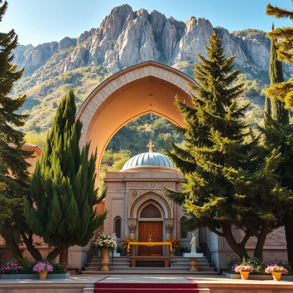 An arched mausoleum with elements of Shia Islam, nestled at the foothills of a mountain