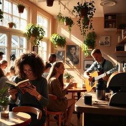 A cozy, sunlit cafe filled with people enjoying their day, showcasing a diverse group of individuals including a woman with curly hair reading a book, a couple sharing a pastry, and a barista skillfully preparing coffee with a smile