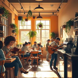 A cozy, sunlit cafe filled with people enjoying their day, showcasing a diverse group of individuals including a woman with curly hair reading a book, a couple sharing a pastry, and a barista skillfully preparing coffee with a smile