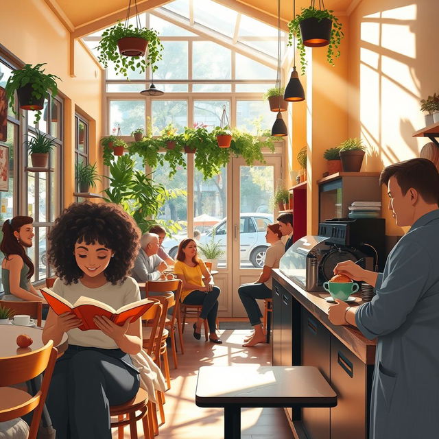 A cozy, sunlit cafe filled with people enjoying their day, showcasing a diverse group of individuals including a woman with curly hair reading a book, a couple sharing a pastry, and a barista skillfully preparing coffee with a smile