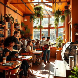 A cozy, sunlit cafe filled with people enjoying their day, showcasing a diverse group of individuals including a woman with curly hair reading a book, a couple sharing a pastry, and a barista skillfully preparing coffee with a smile