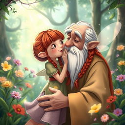 A whimsical fantasy scene featuring a young girl with bangs and long red braids, playfully kissing an older man with a long white beard
