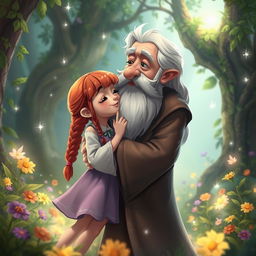 A whimsical fantasy scene featuring a young girl with bangs and long red braids, playfully kissing an older man with a long white beard