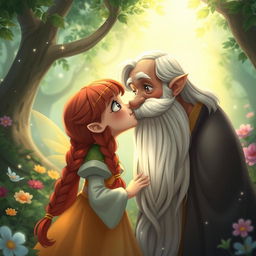 A whimsical fantasy scene featuring a young girl with bangs and long red braids, playfully kissing an older man with a long white beard