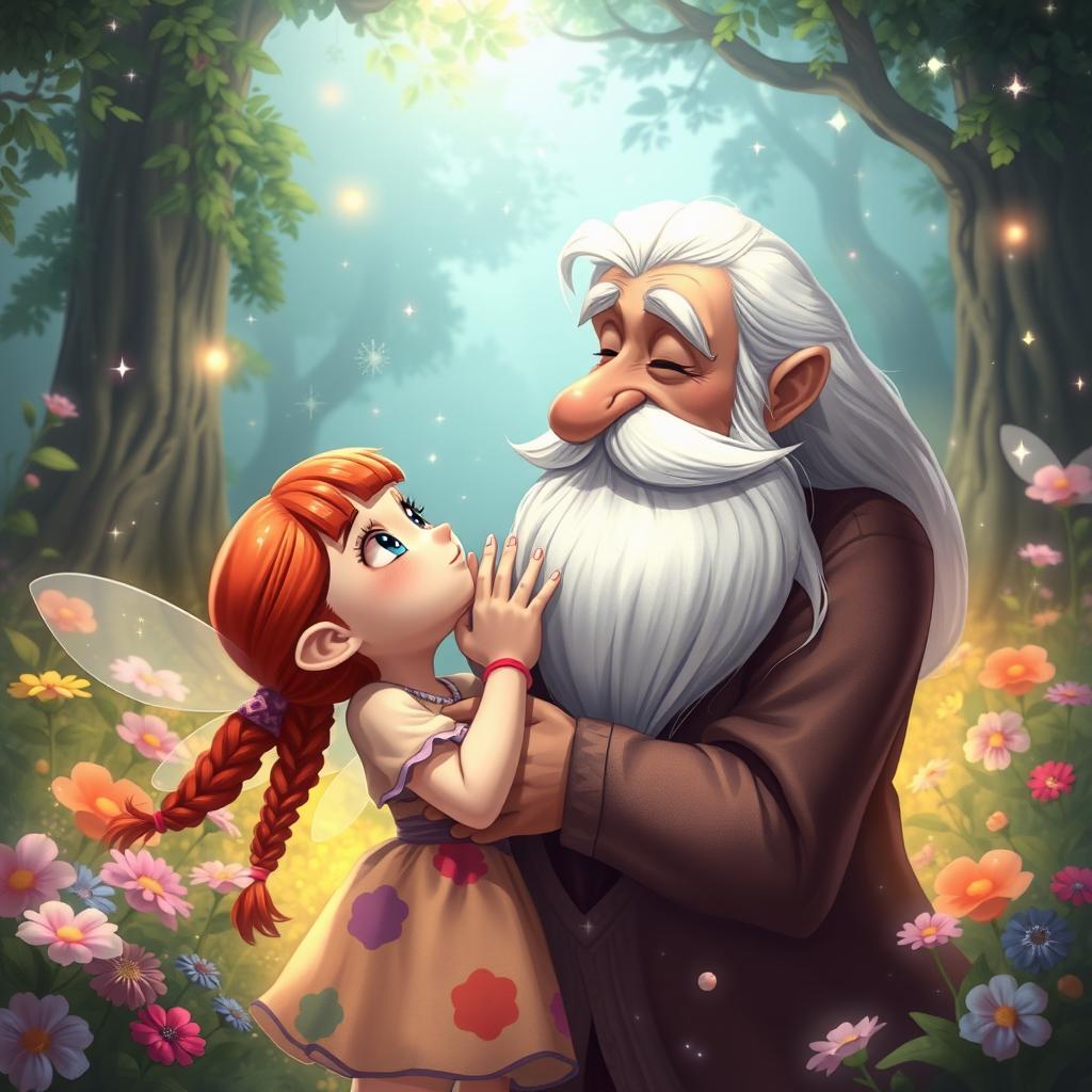 A whimsical fantasy scene featuring a young girl with bangs and long red braids, playfully kissing an older man with a long white beard