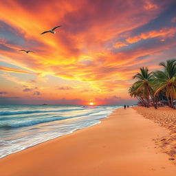 A beautiful landscape of a serene beach at sunset, with golden sands and gentle waves lapping at the shore