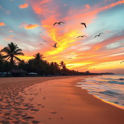 A beautiful landscape of a serene beach at sunset, with golden sands and gentle waves lapping at the shore