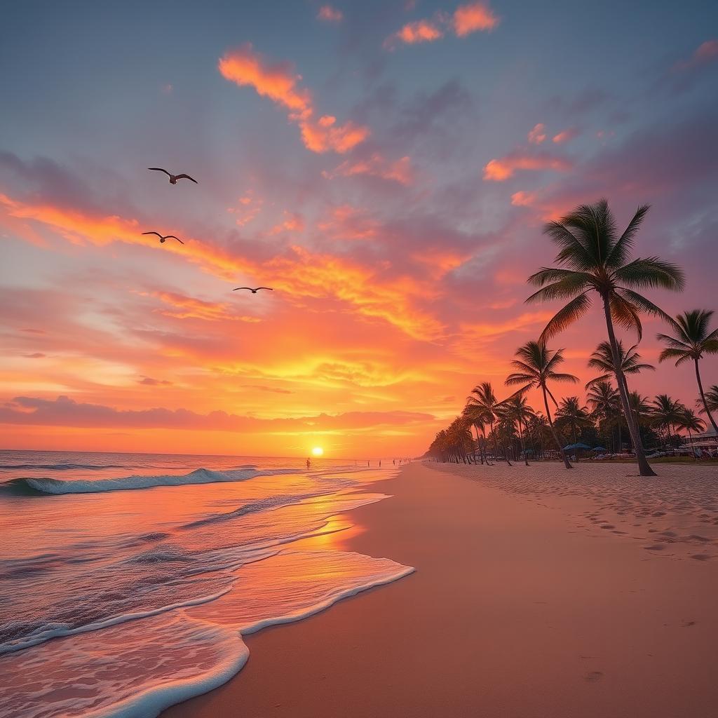 A beautiful landscape of a serene beach at sunset, with golden sands and gentle waves lapping at the shore