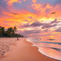 A beautiful landscape of a serene beach at sunset, with golden sands and gentle waves lapping at the shore
