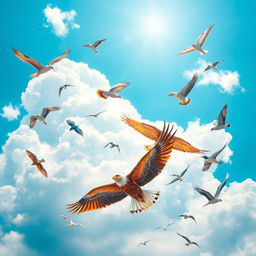 A stunning scene of various birds soaring gracefully through a bright blue sky, with fluffy white clouds drifting in the background
