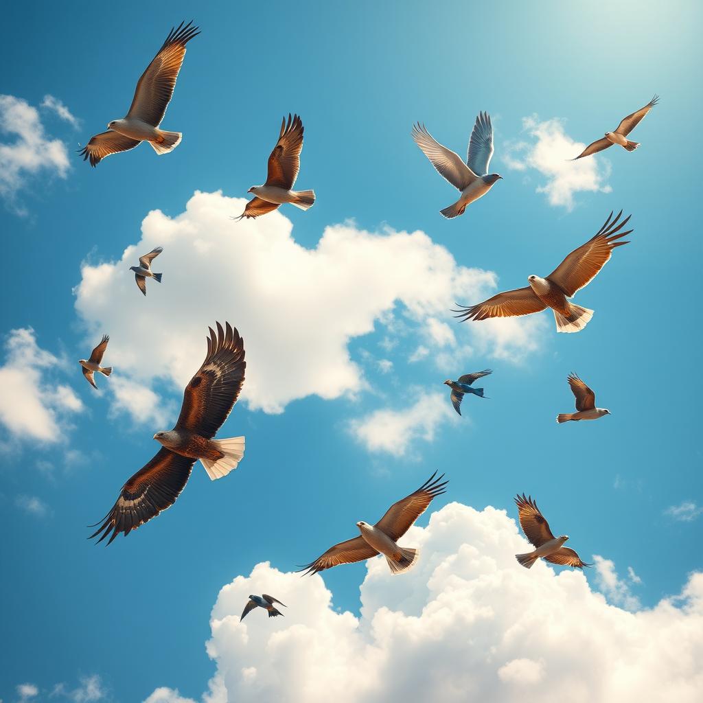 A stunning scene of various birds soaring gracefully through a bright blue sky, with fluffy white clouds drifting in the background