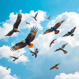 A stunning scene of various birds soaring gracefully through a bright blue sky, with fluffy white clouds drifting in the background