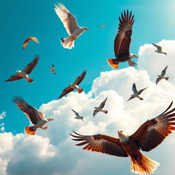 A stunning scene of various birds soaring gracefully through a bright blue sky, with fluffy white clouds drifting in the background