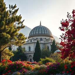 A majestic domed mausoleum of an Iranian Muslim hero, elegantly arch-shaped and nestled at the foothills of a mountain