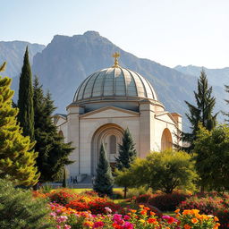 A majestic domed mausoleum of an Iranian Muslim hero, elegantly arch-shaped and nestled at the foothills of a mountain