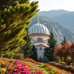 A majestic domed mausoleum of an Iranian Muslim hero, elegantly arch-shaped and nestled at the foothills of a mountain