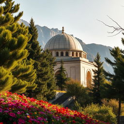 A majestic domed mausoleum of an Iranian Muslim hero, elegantly arch-shaped and nestled at the foothills of a mountain