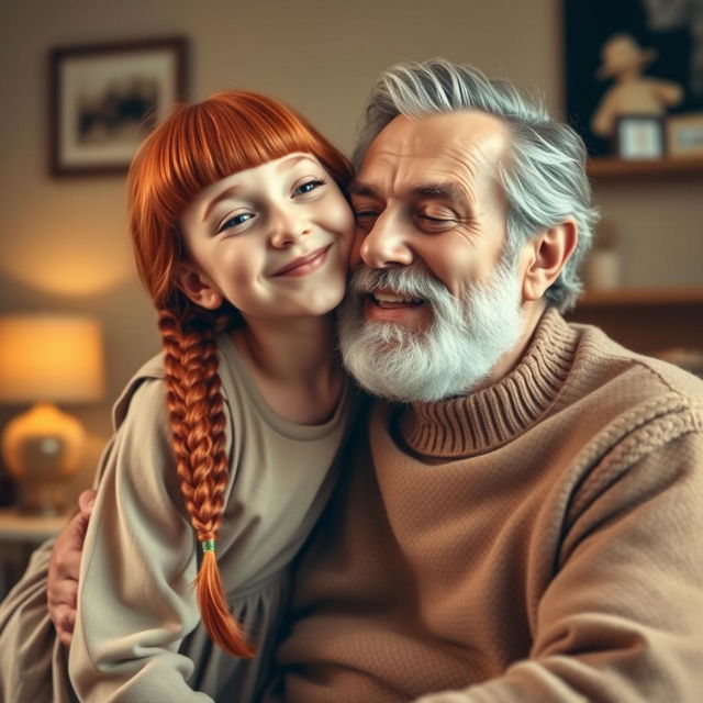 A scene depicting a young red-haired girl with bangs and long braids playfully kissing an older handsome man with a distinguished white beard