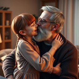 A scene depicting a young red-haired girl with bangs and long braids playfully kissing an older handsome man with a distinguished white beard