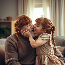 A scene depicting a young red-haired girl with bangs and long braids playfully kissing an older handsome man with a distinguished white beard
