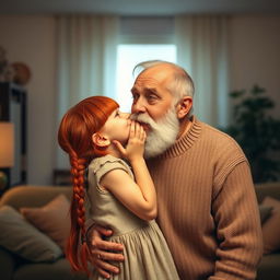 A scene depicting a young red-haired girl with bangs and long braids playfully kissing an older handsome man with a distinguished white beard