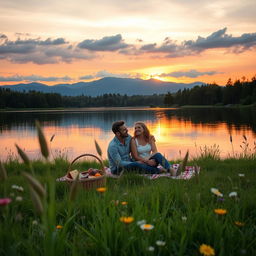 A serene landscape at sunset, featuring a calm lake reflecting the orange and purple hues of the sky