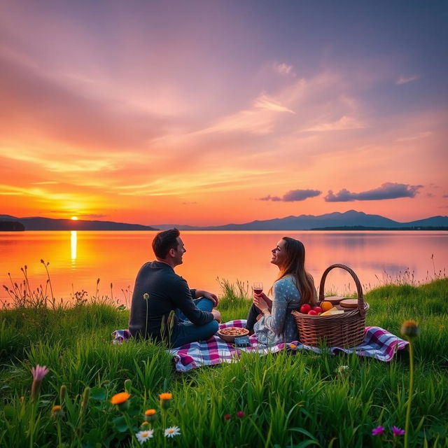 A serene landscape at sunset, featuring a calm lake reflecting the orange and purple hues of the sky
