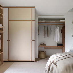 A neatly arranged full bedroom view with a closed walk-in closet and a functional study table, a  petite book rack, with visible separation between the closet and study area for a clear distinction.