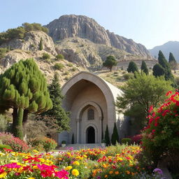 A stunning architectural tomb dedicated to an Iranian Islamic hero, designed in a curved shape, situated at the entrance of a cave in the lowest point of a mountain slope