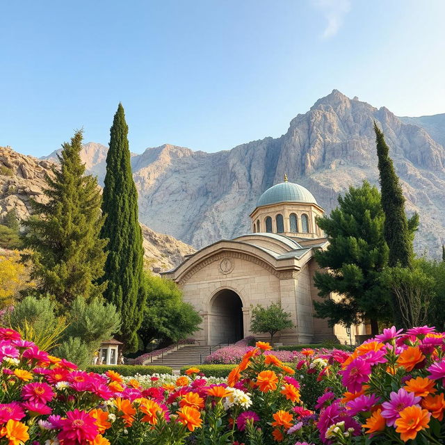 A stunning architectural tomb dedicated to an Iranian Islamic hero, designed in a curved shape, situated at the entrance of a cave in the lowest point of a mountain slope